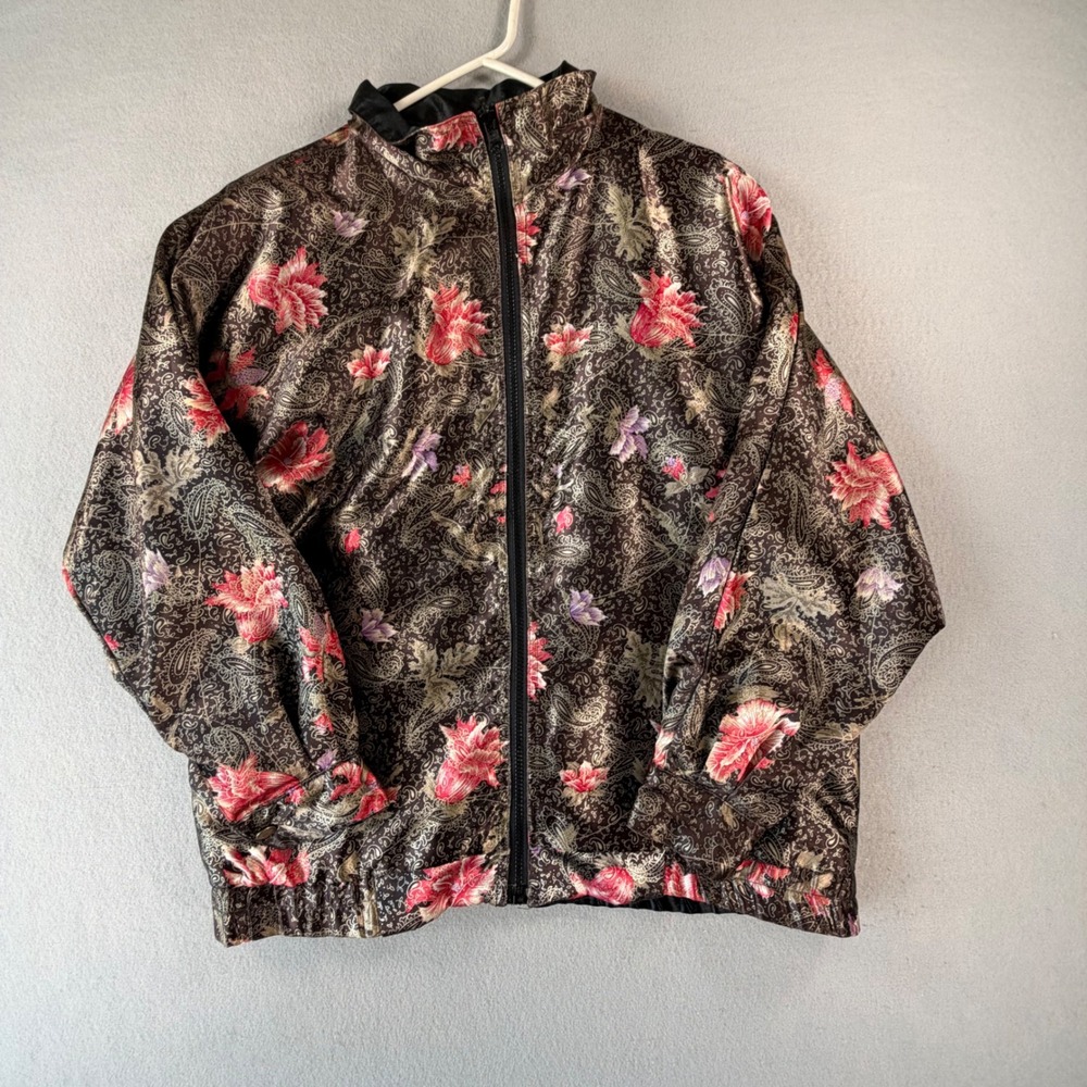 Floral Jacket Womens 1X Black Pink Paisley Satin Full Zip Bomber Artsy 90s Retro